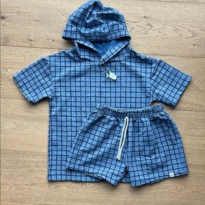 Little Road Co Boys Blue Checkered Hoodie and Shorts Set
